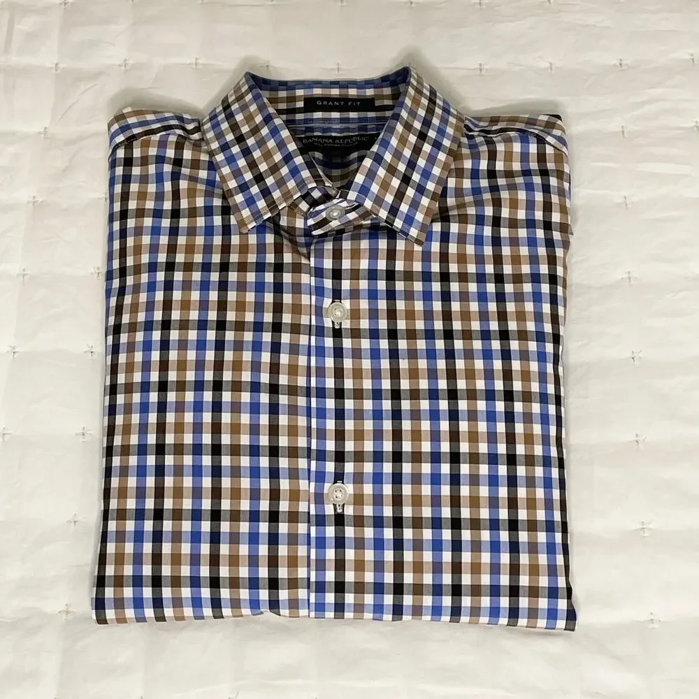 Banana Republic Supima Cotton Sport Shirt Men’s M Blue Brown Plaid